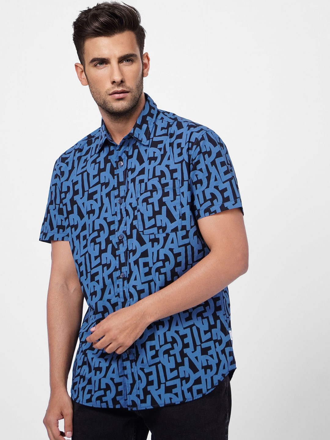 Blue Typographic Print Short Sleeves Shirt