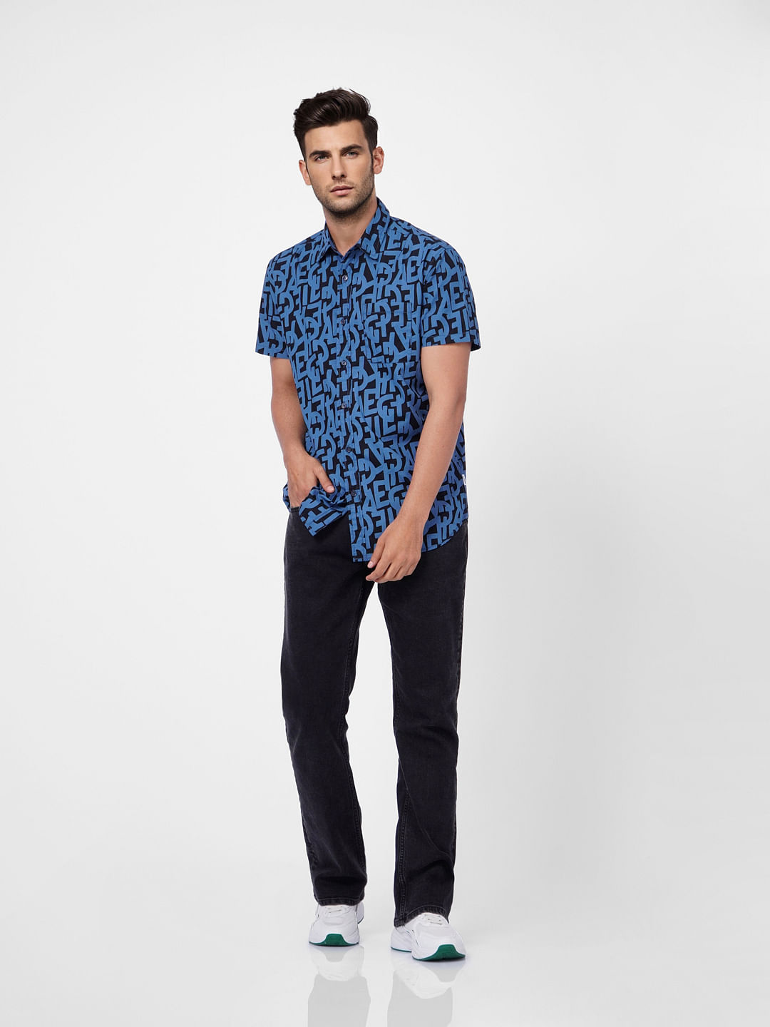 Blue Typographic Print Short Sleeves Shirt