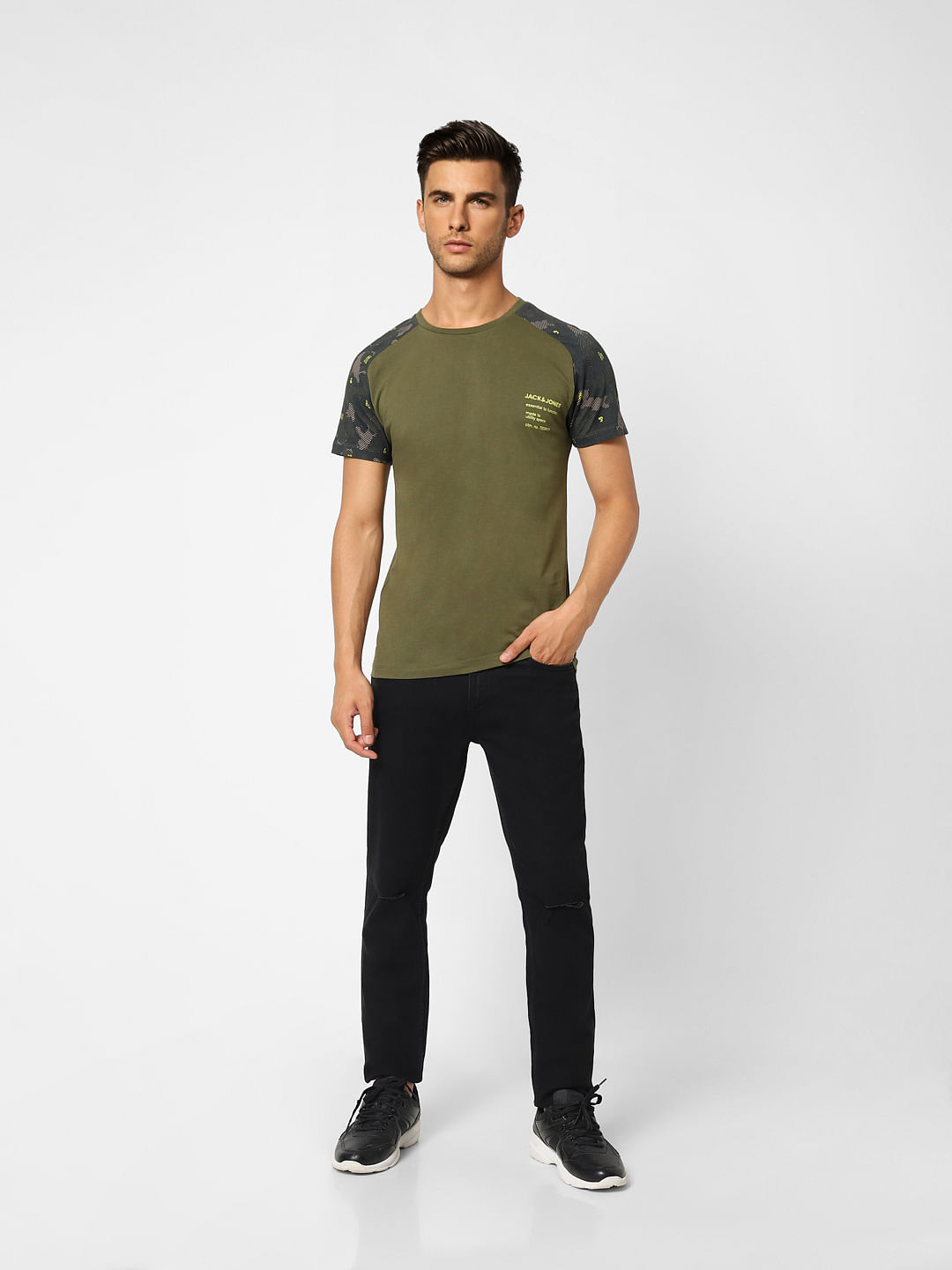 Green Camo Print Crew Neck T-shirt