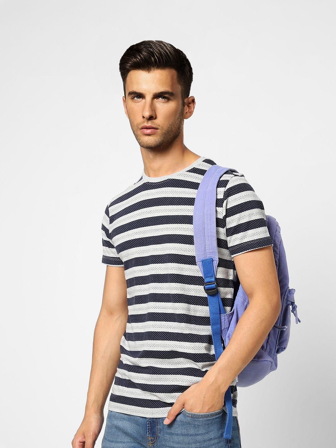 Light Grey Striped Crew Neck T-shirt - S