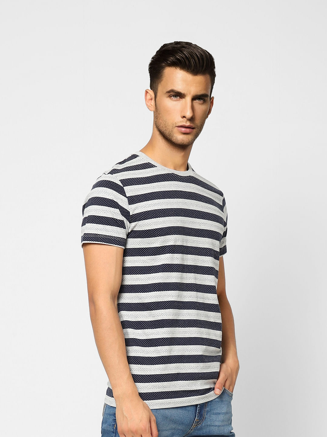 Light Grey Striped Crew Neck T-shirt