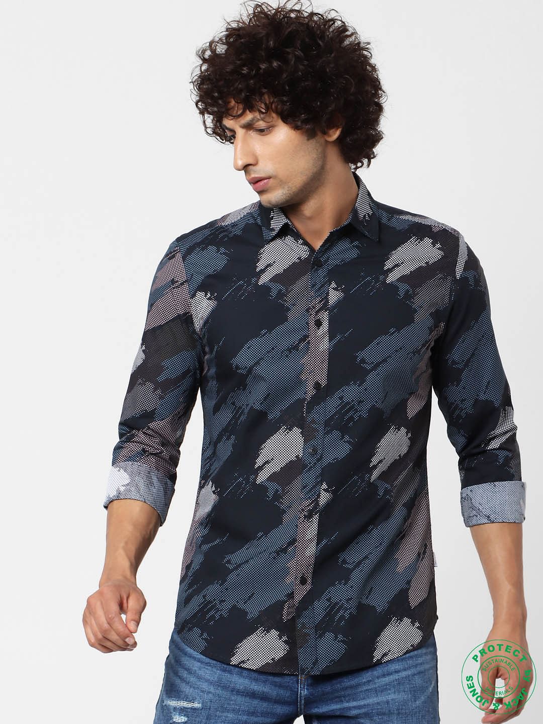 Blue Abstract Print Full Sleeves Shirt - S