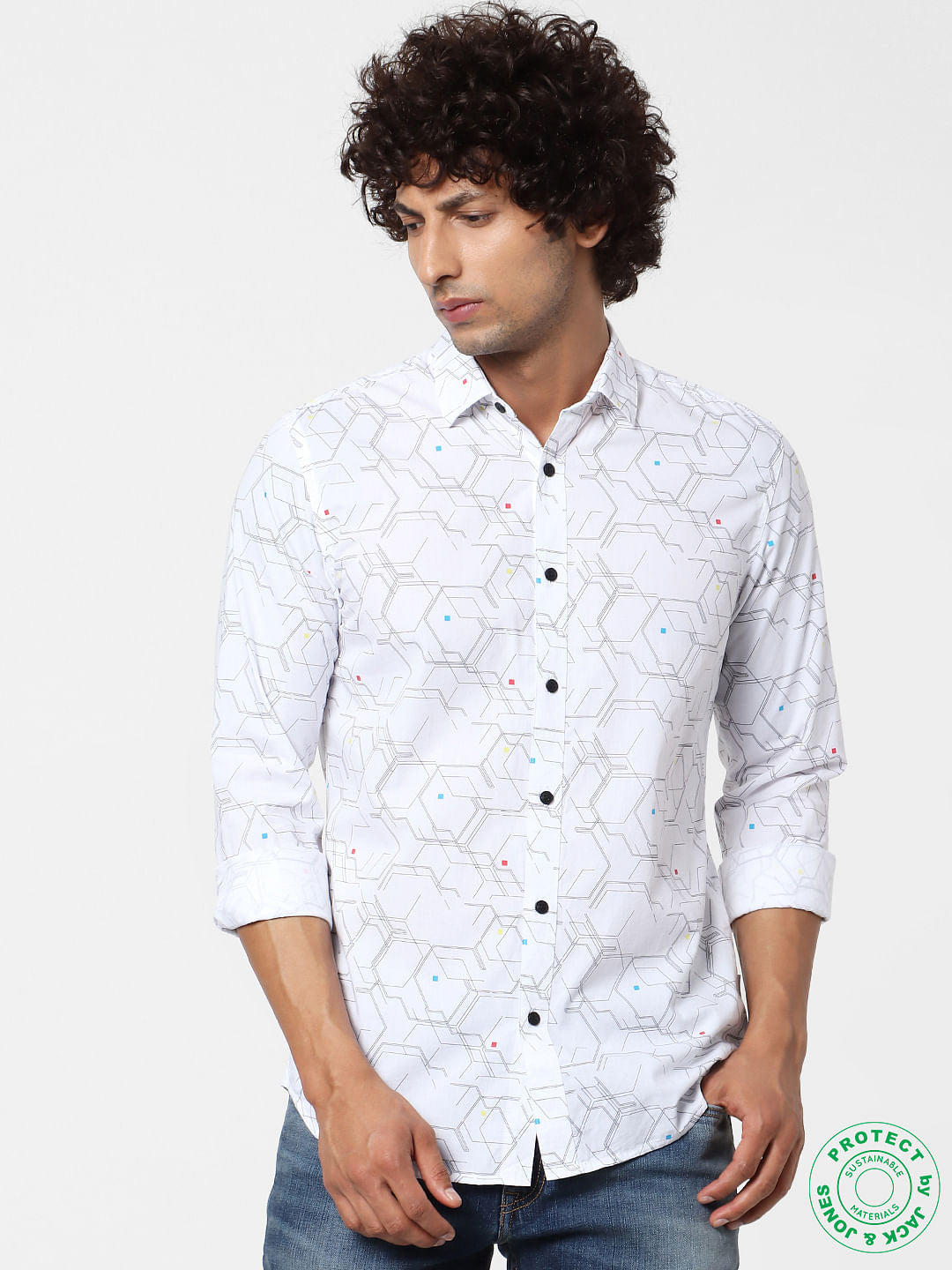 White Geometric Print Full Sleeves Shirt - S