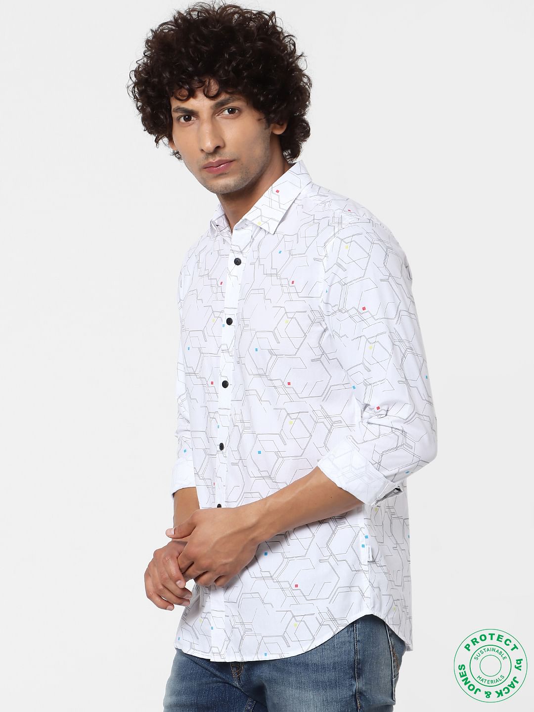 White Geometric Print Full Sleeves Shirt