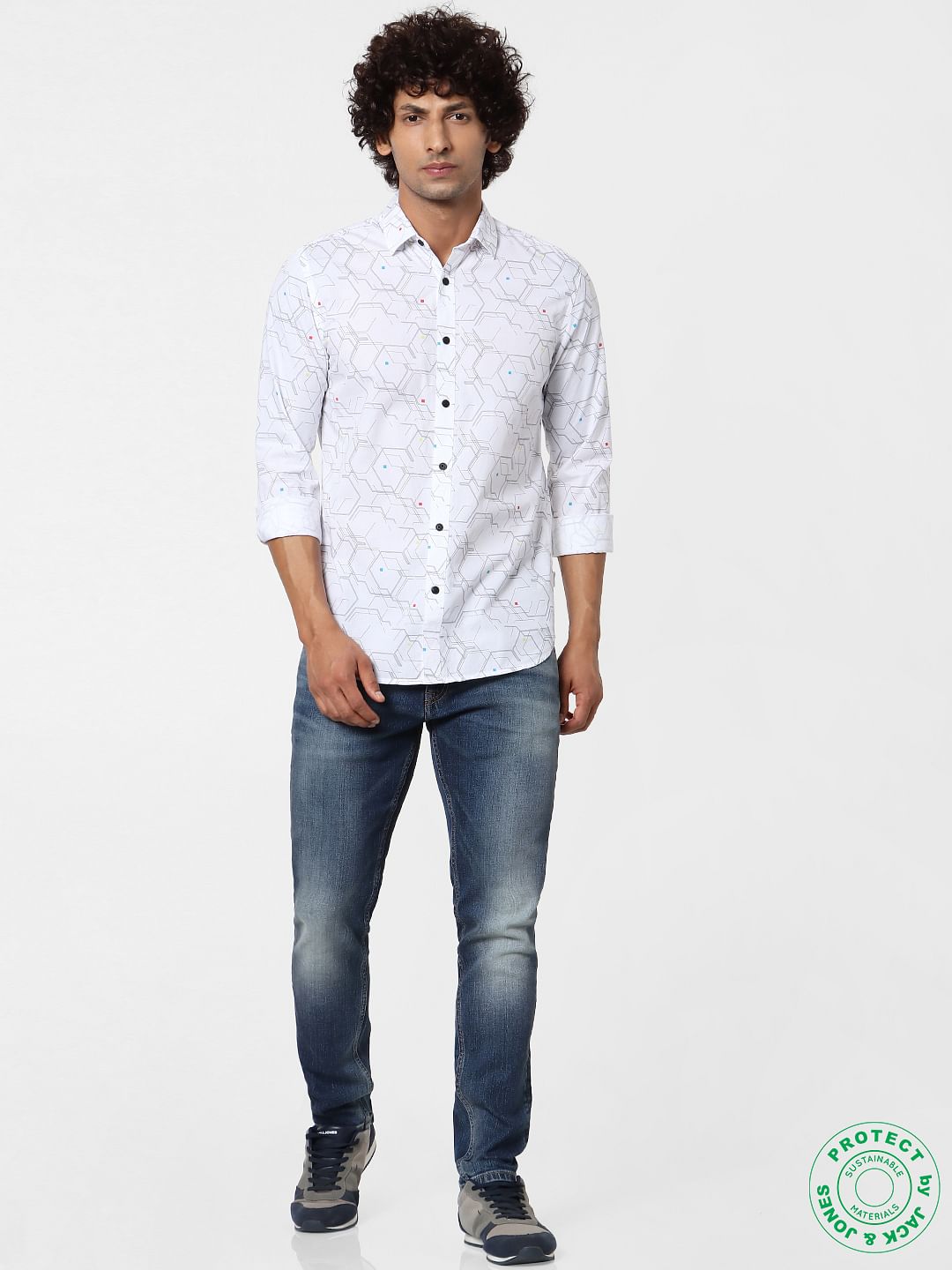 White Geometric Print Full Sleeves Shirt