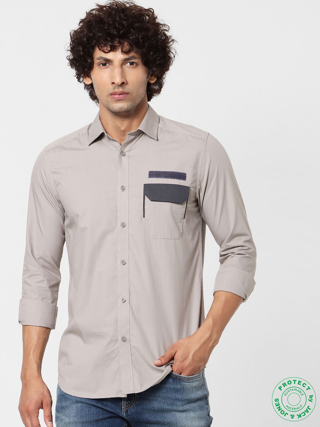Beige Graphic Print Full Sleeves Shirt - S