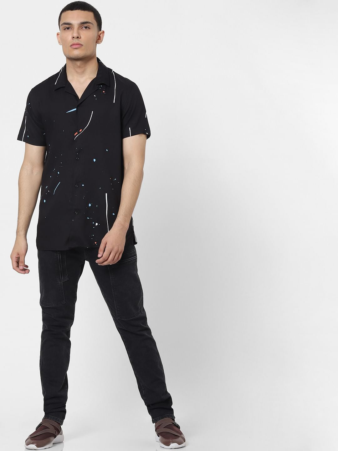 Black Paint Splash Print Short Sleeves Shirt - S