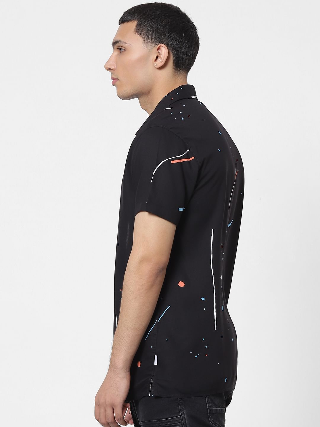 Black Paint Splash Print Short Sleeves Shirt