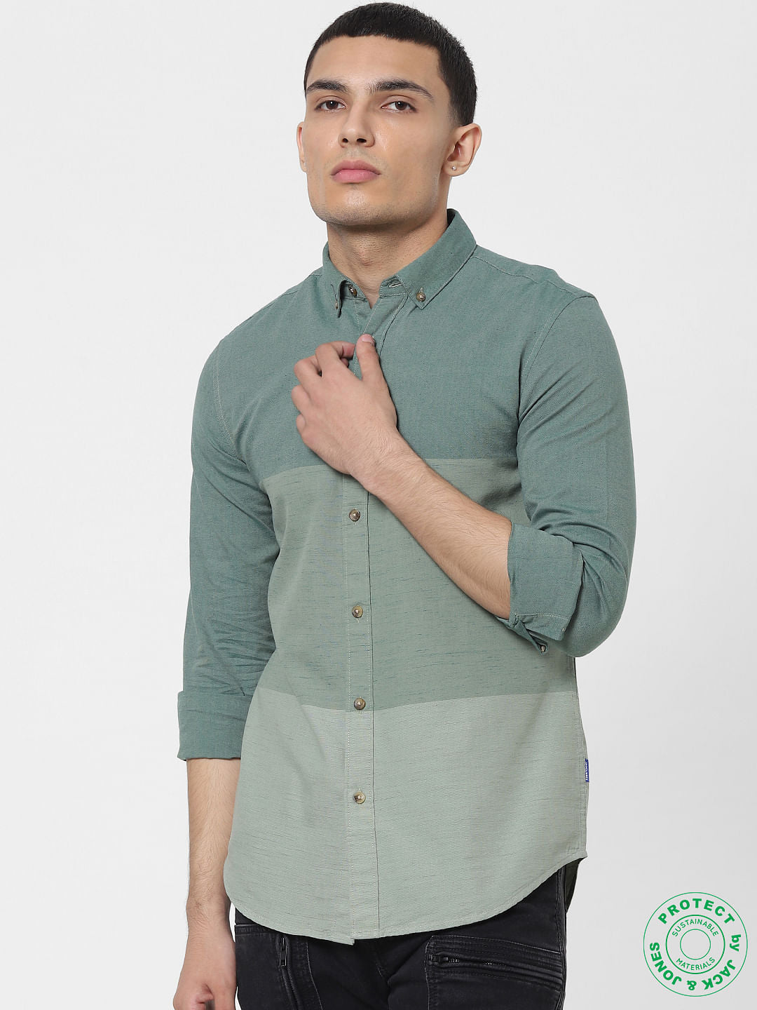 Green Colourblocked Full Sleeves Shirt - S