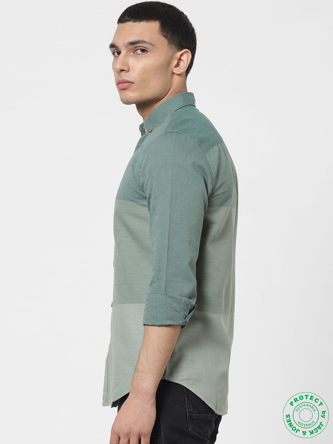 Green Colourblocked Full Sleeves Shirt