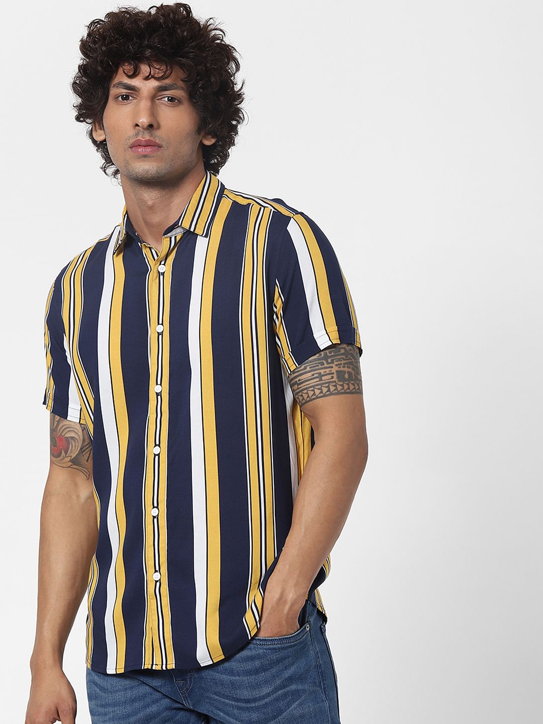 Yellow Striped Short Sleeves Shirt