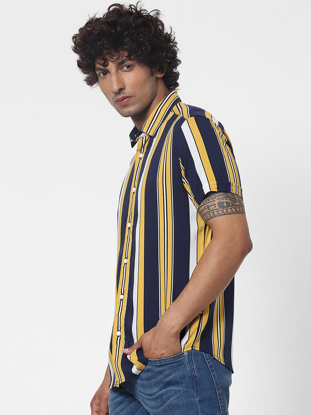 Yellow Striped Short Sleeves Shirt