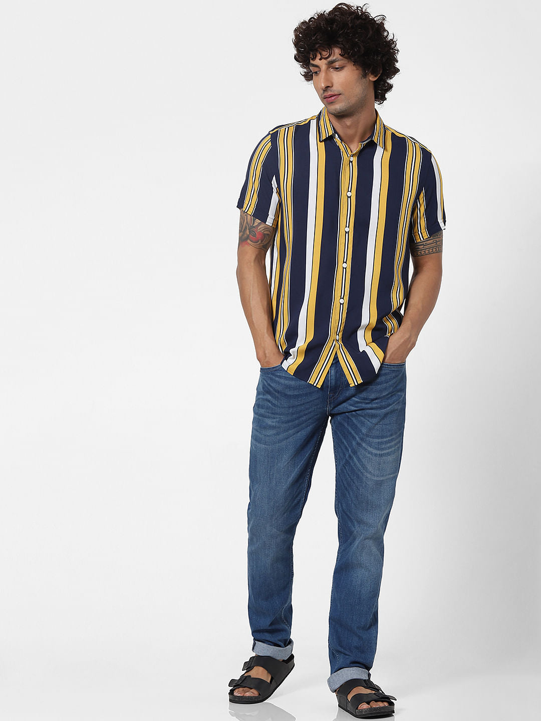 Yellow Striped Short Sleeves Shirt