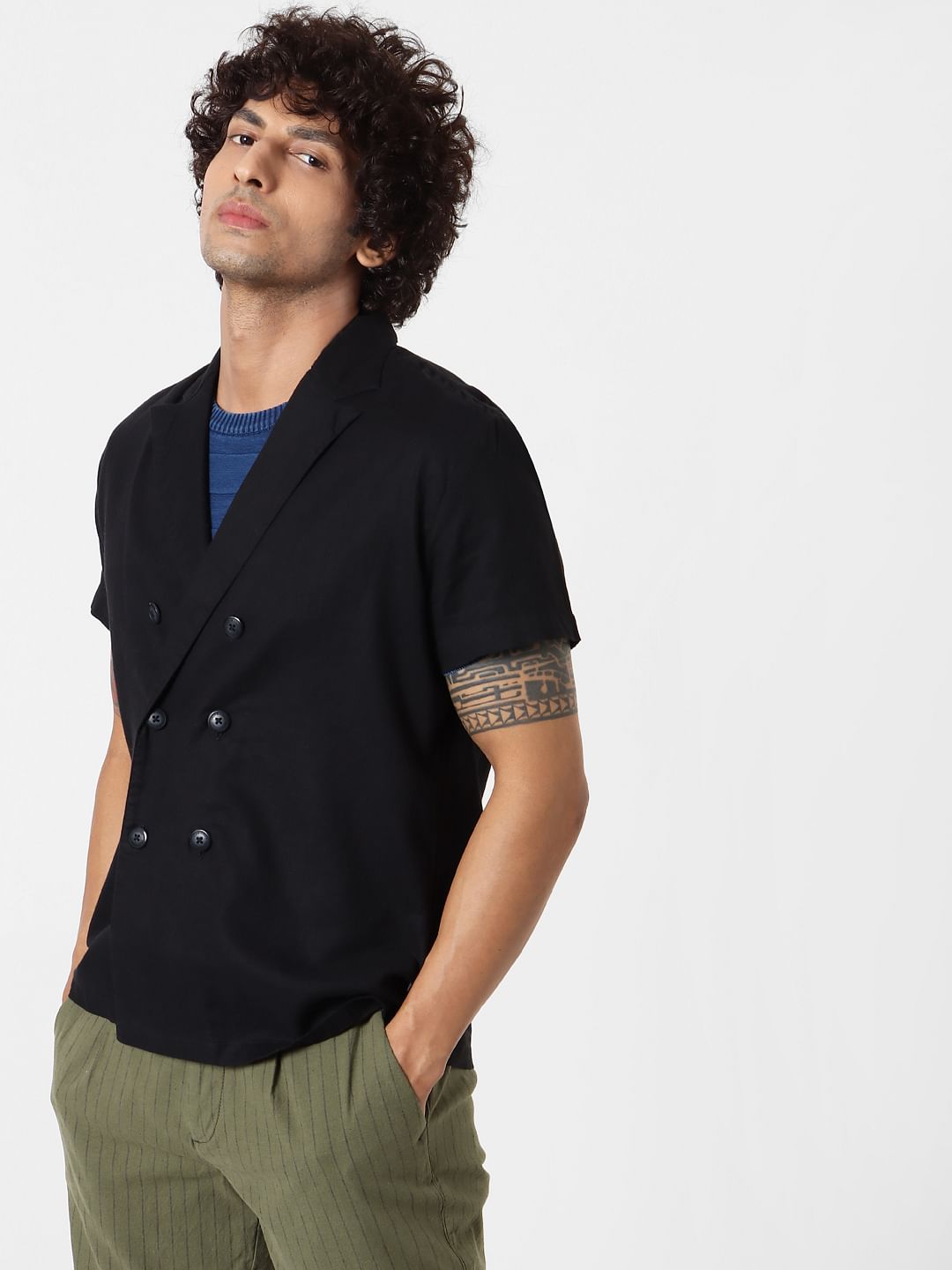 Black Lapel Linen Blend Short Sleeves Shirt - S