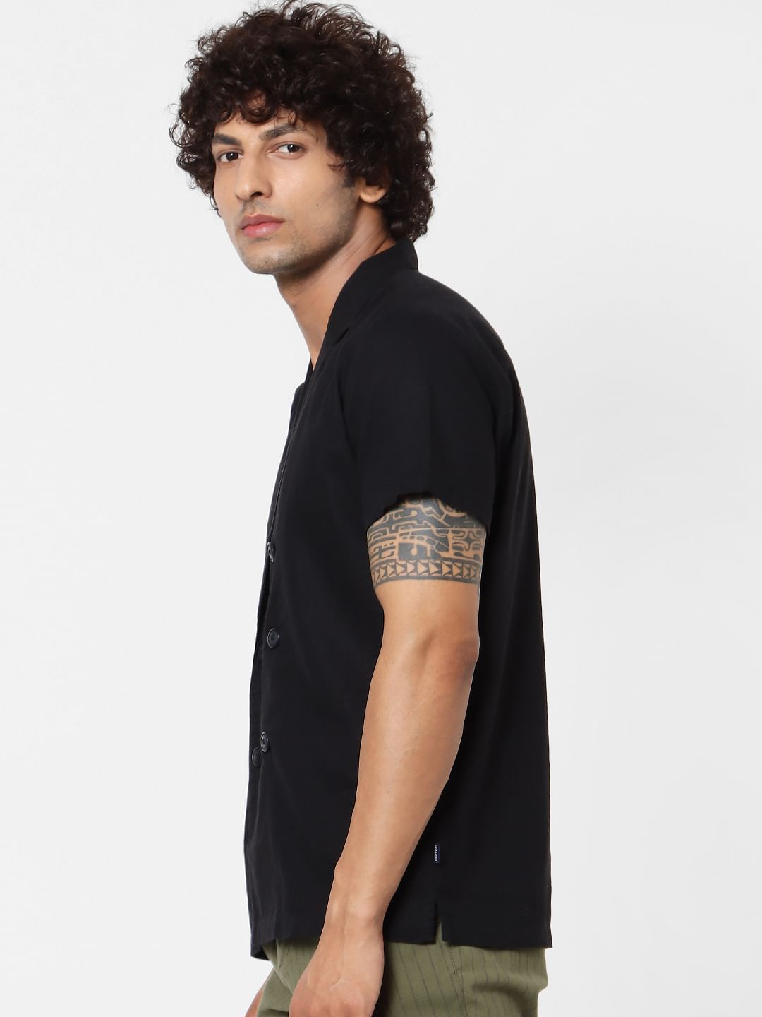 Black Lapel Linen Blend Short Sleeves Shirt