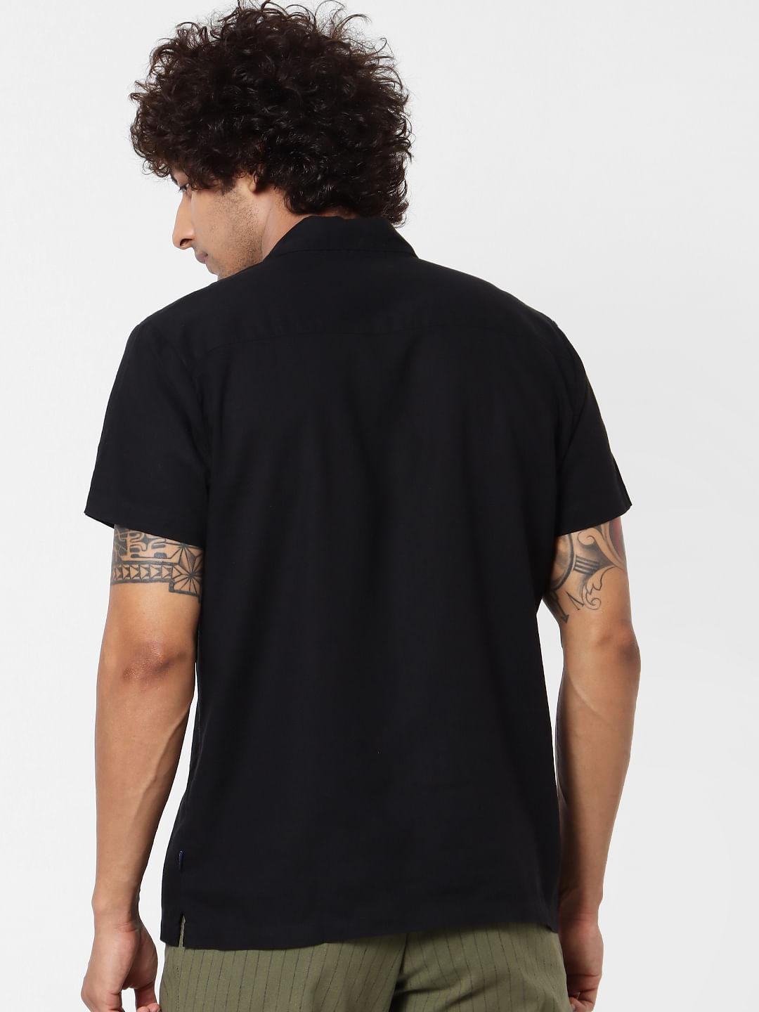Black Lapel Linen Blend Short Sleeves Shirt