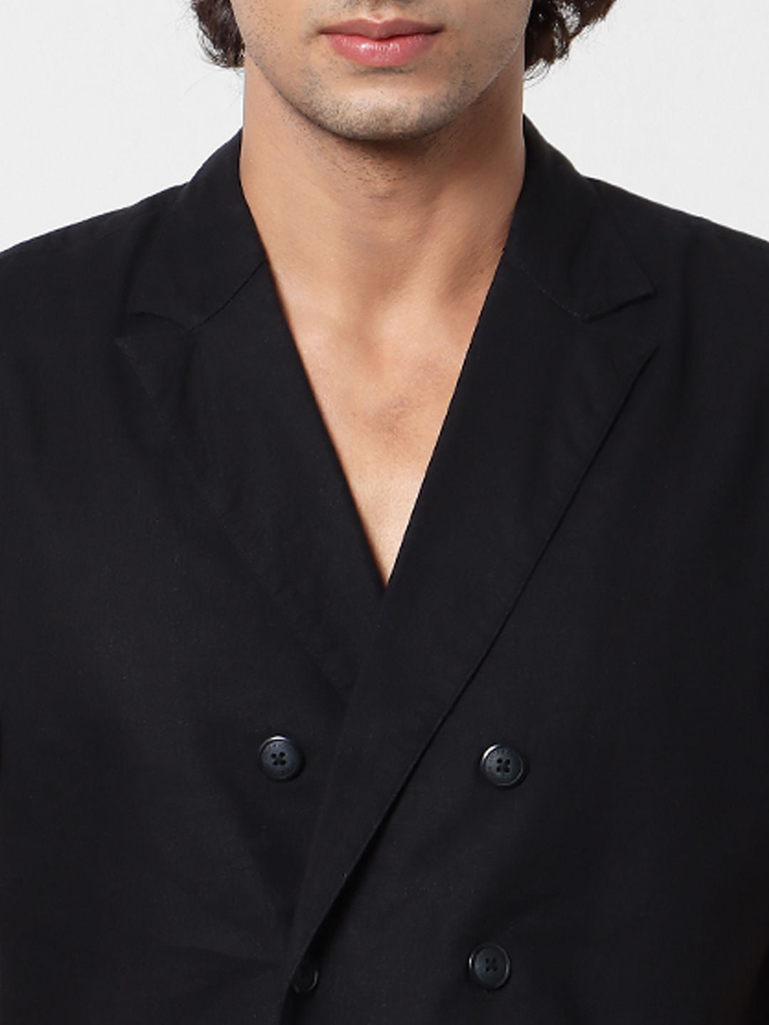 Black Lapel Linen Blend Short Sleeves Shirt