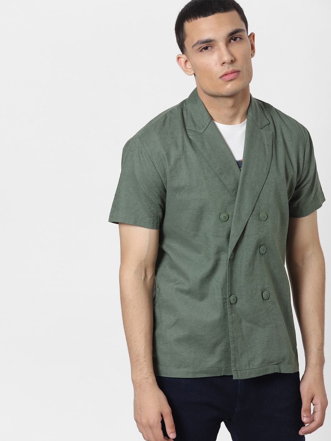 Green Lapel Linen Blend Short Sleeves Shirt - S