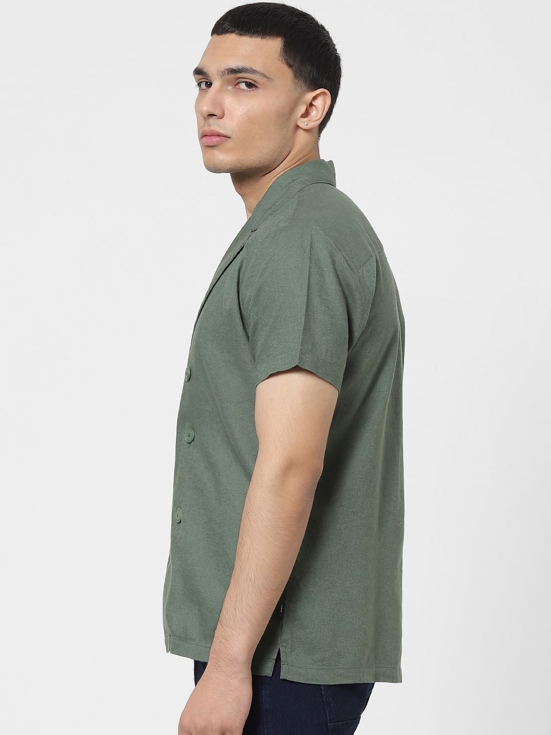 Green Lapel Linen Blend Short Sleeves Shirt