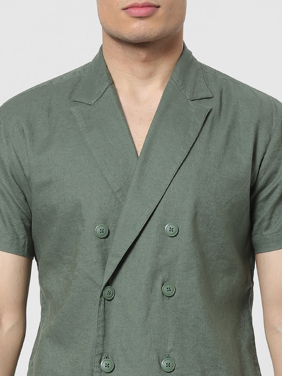 Green Lapel Linen Blend Short Sleeves Shirt