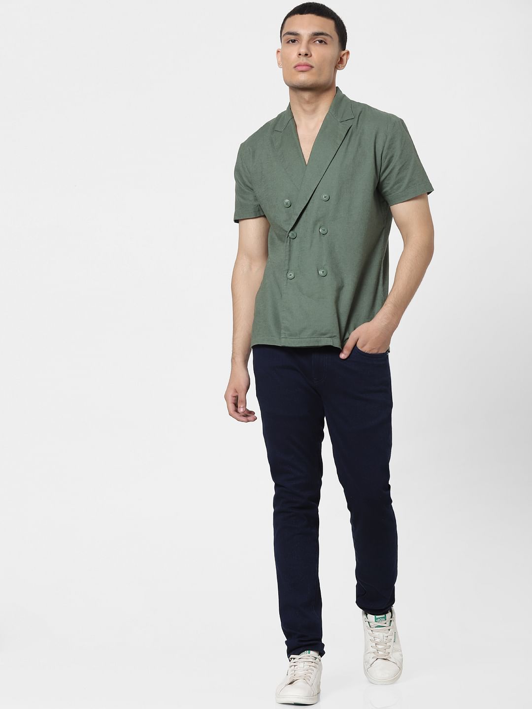 Green Lapel Linen Blend Short Sleeves Shirt