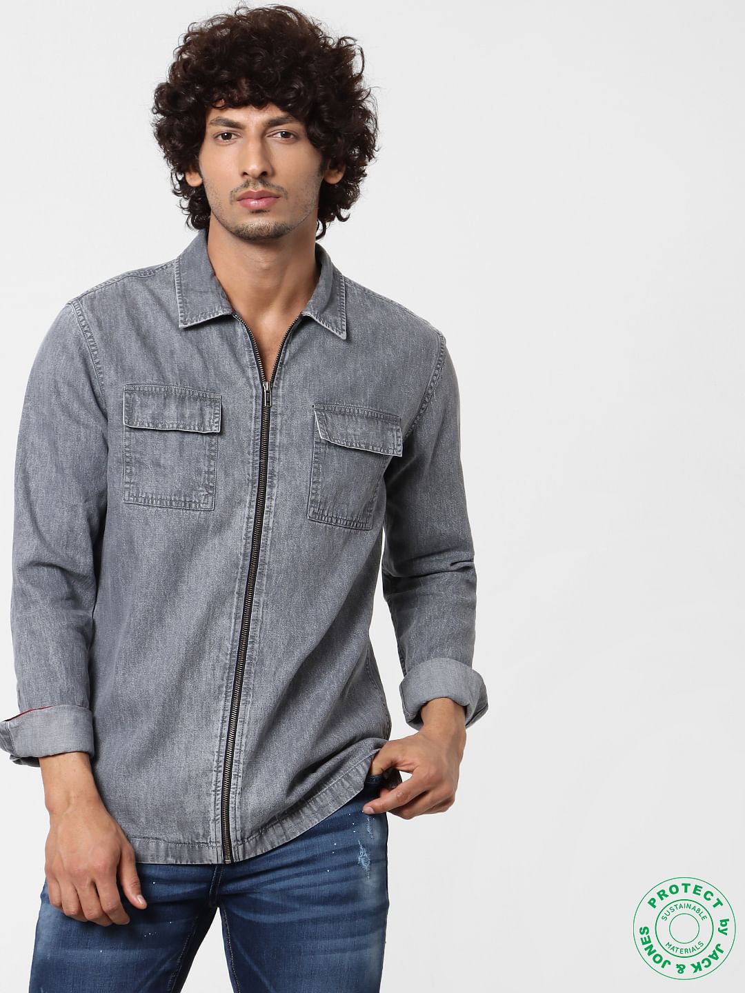Grey Full Sleeves Zip Up Shirt