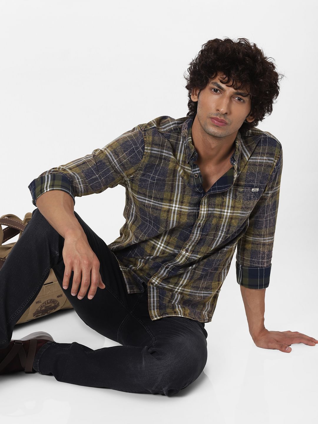 Olive Green Check Full sleeves Shirt - S