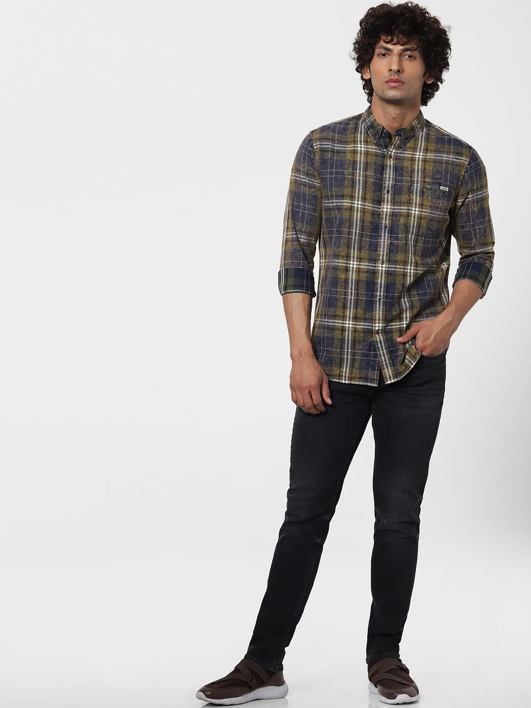 Olive Green Check Full sleeves Shirt