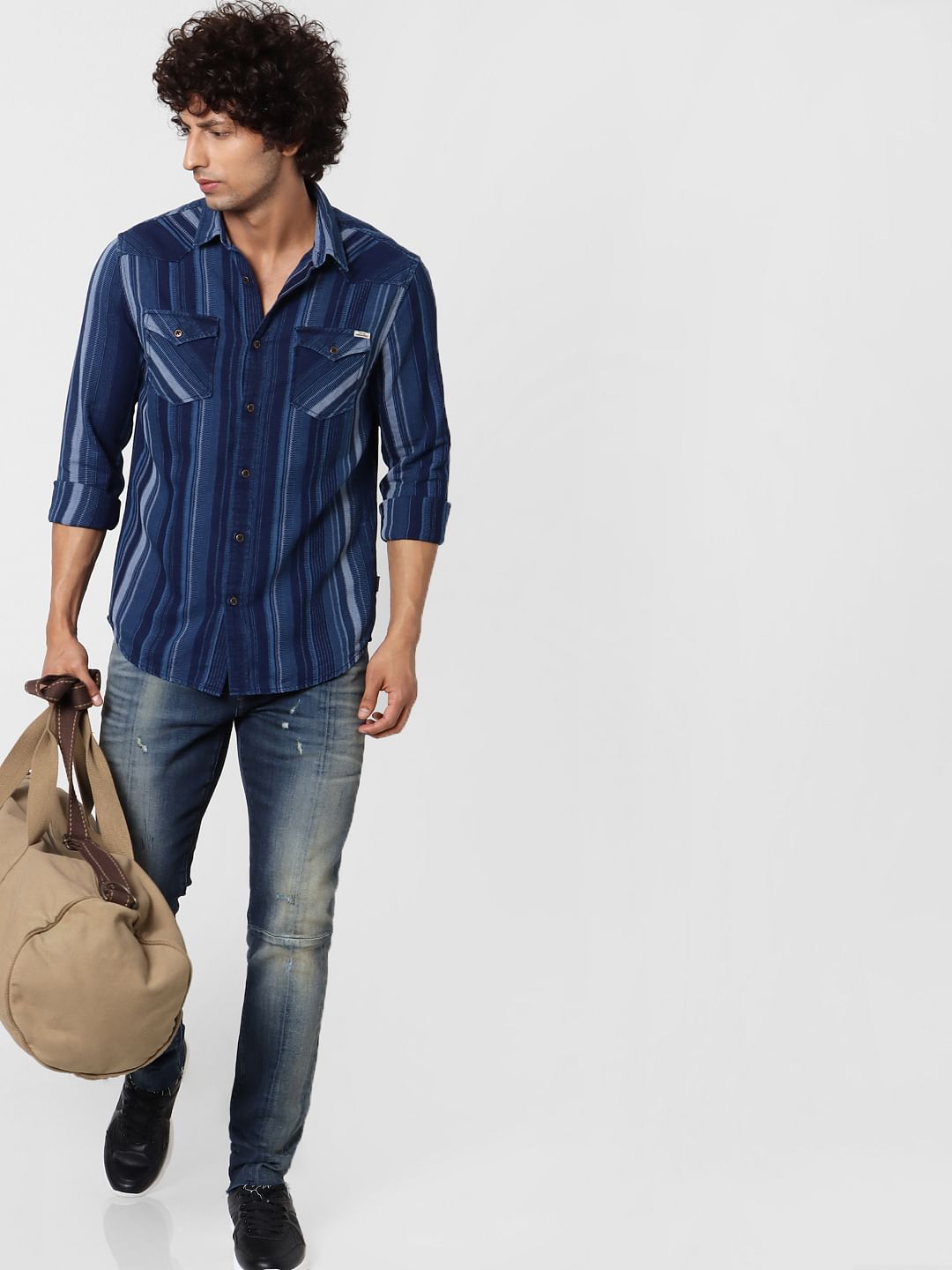 Blue Striped Full Sleeves Denim Shirt - S