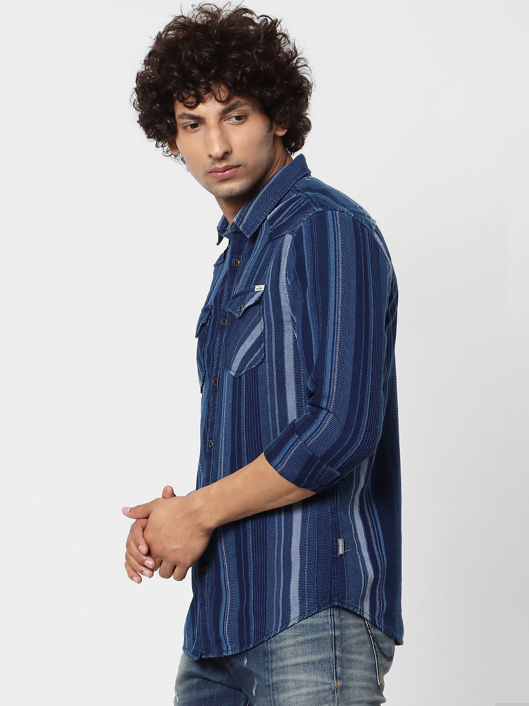 Blue Striped Full Sleeves Denim Shirt