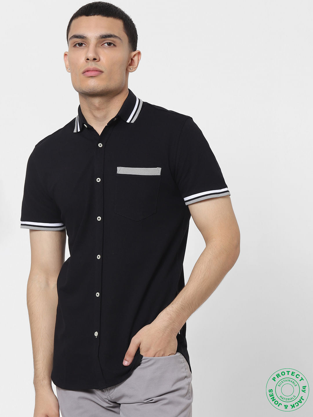 Black Contrast Tipping Polo Neck Short Sleeves Shirt - S