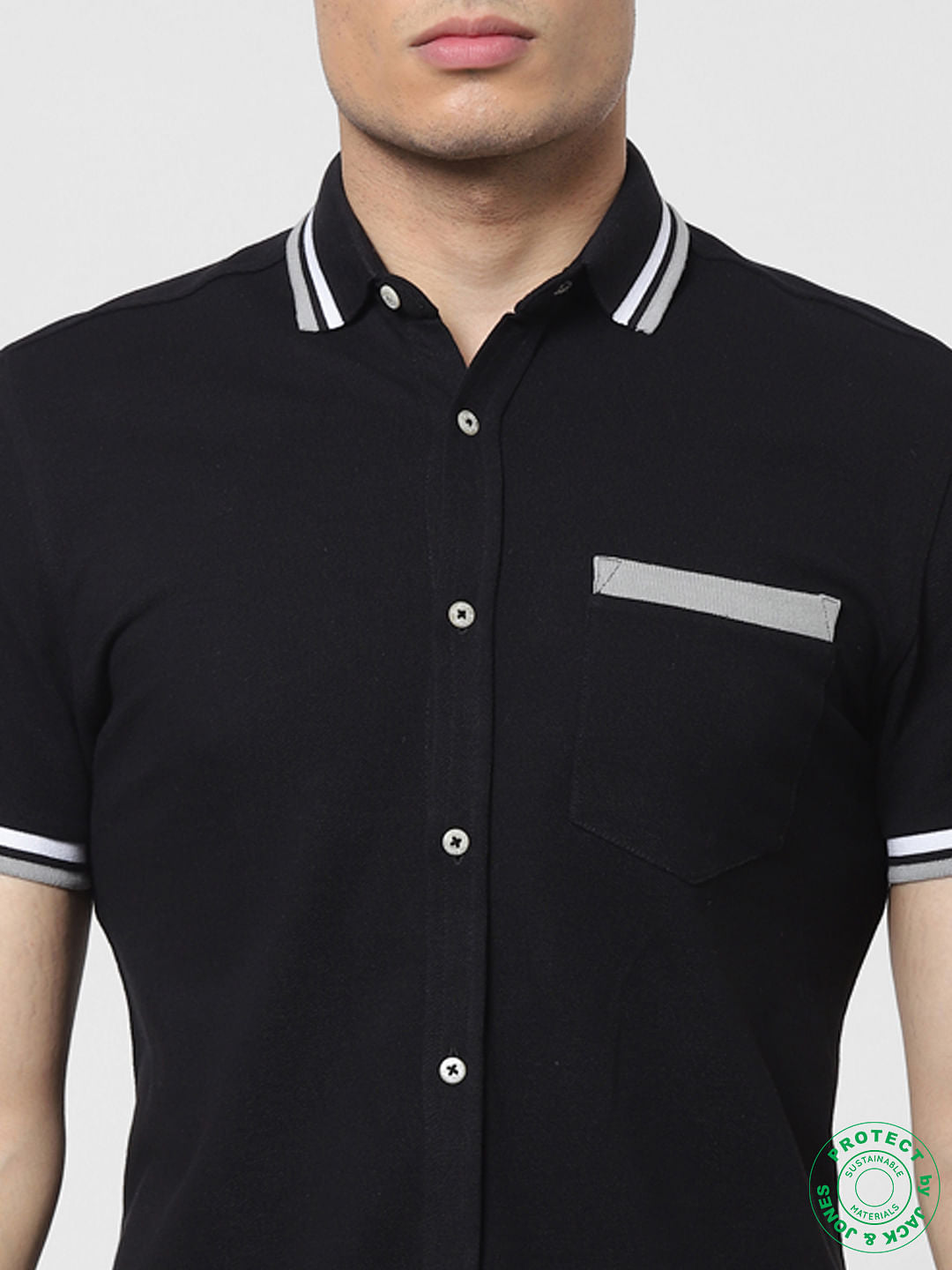 Black Contrast Tipping Polo Neck Short Sleeves Shirt