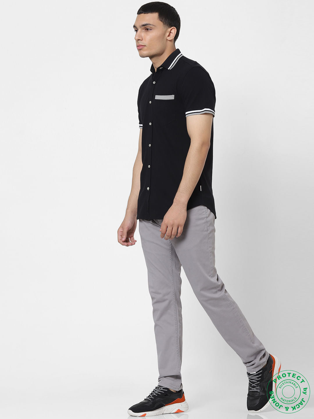 Black Contrast Tipping Polo Neck Short Sleeves Shirt