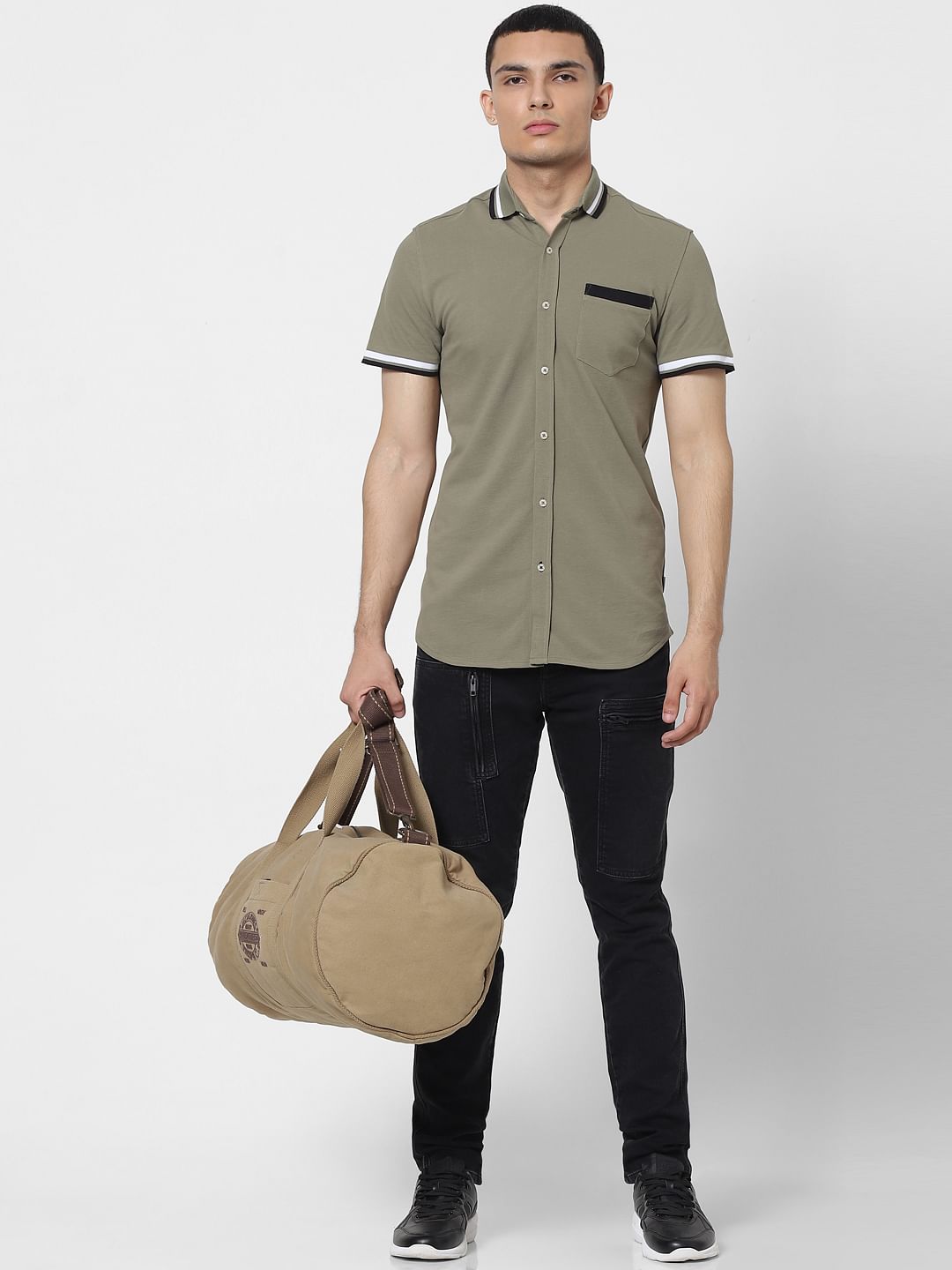 Green Contrast Tipping Polo Neck Short Sleeves Shirt - S