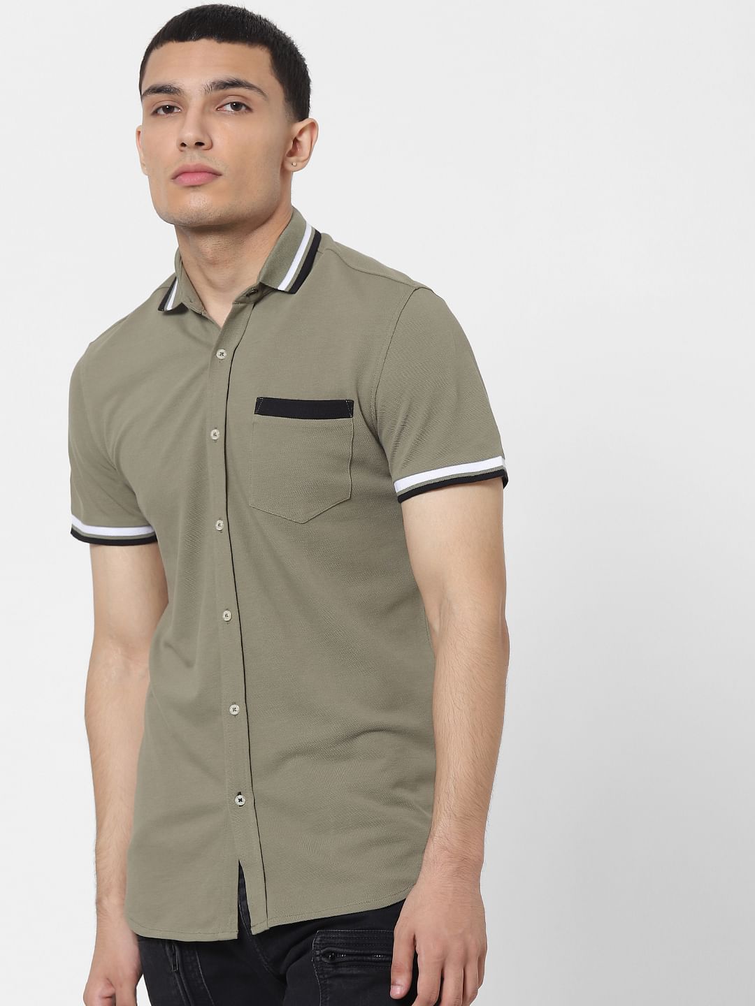 Green Contrast Tipping Polo Neck Short Sleeves Shirt