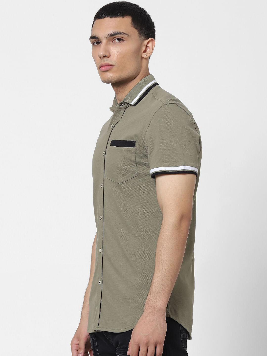 Green Contrast Tipping Polo Neck Short Sleeves Shirt