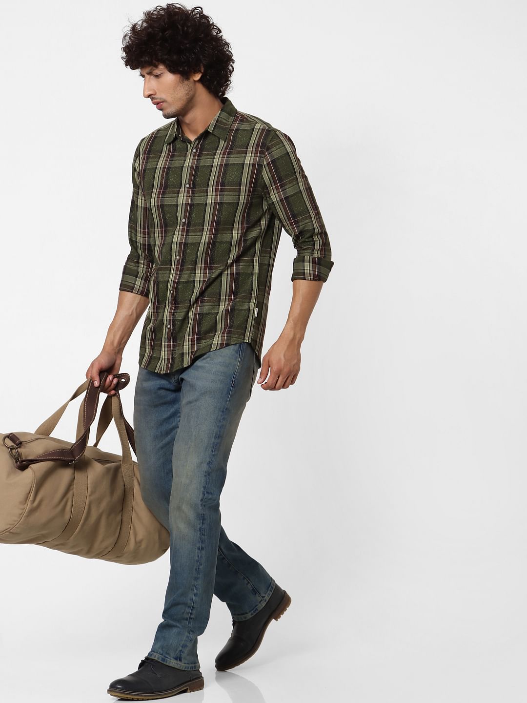 Olive Green Full Sleeves Check Shirt - S