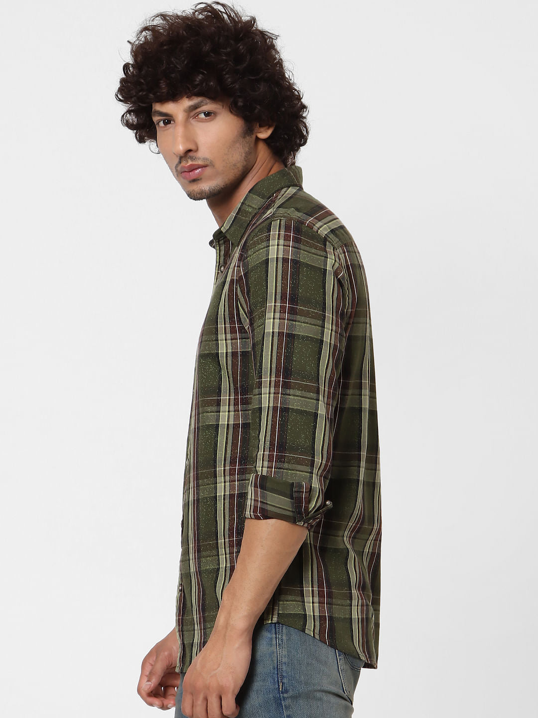 Olive Green Full Sleeves Check Shirt