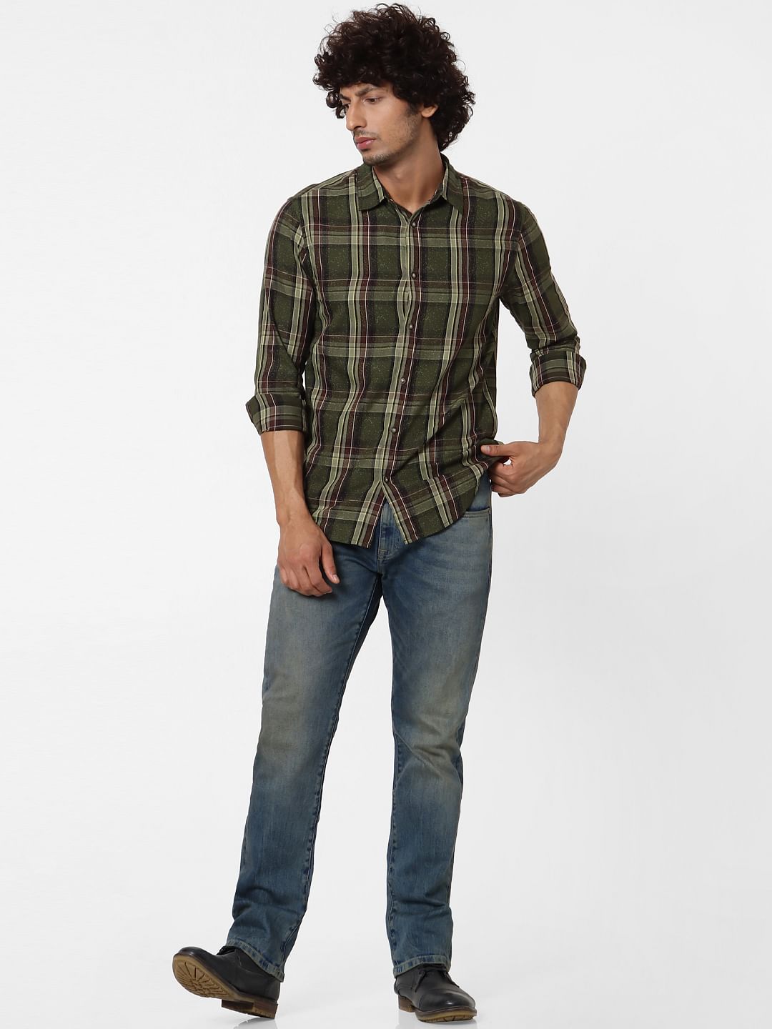 Olive Green Full Sleeves Check Shirt