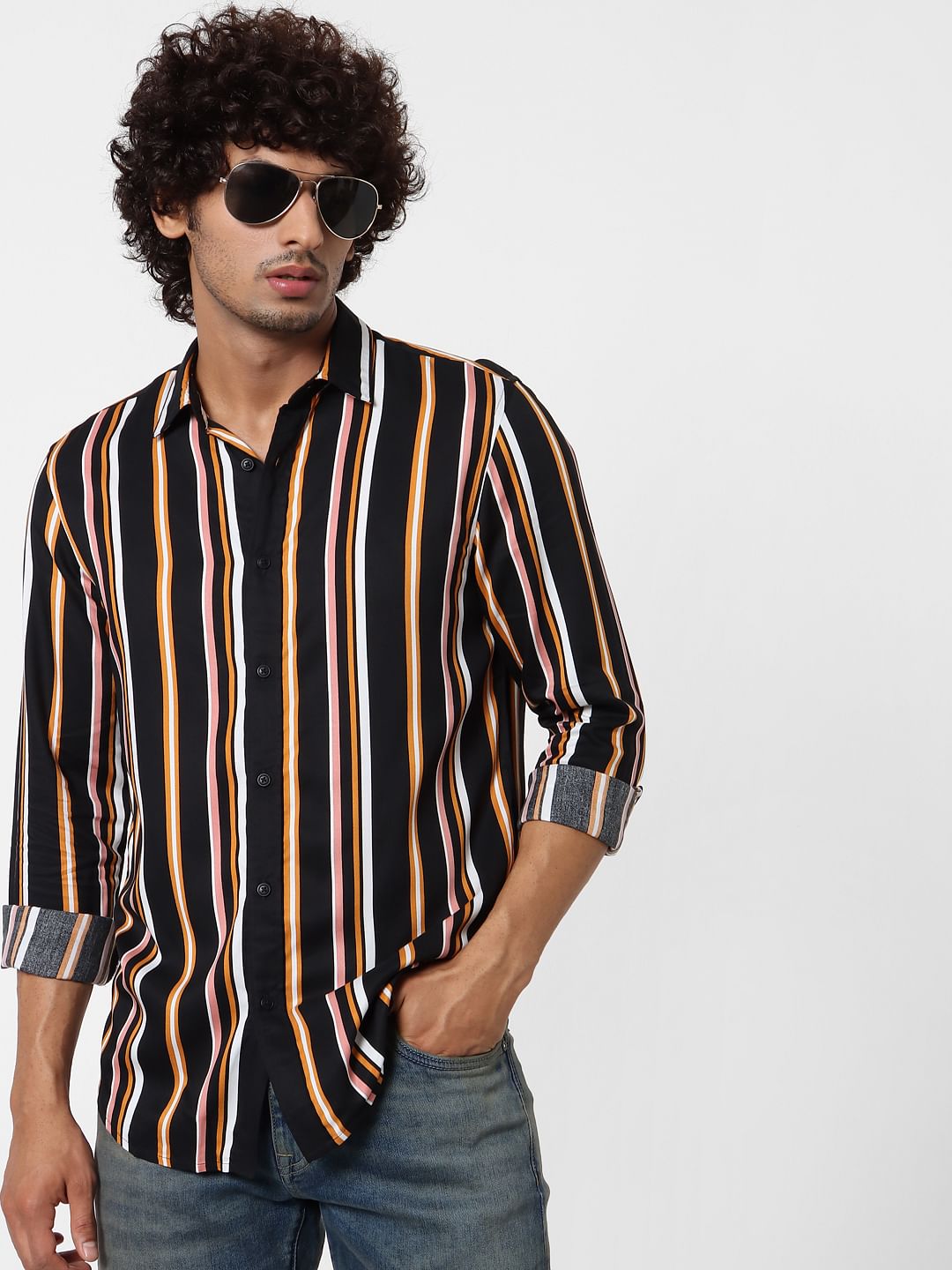 Black Full Sleeves Striped Shirt - S