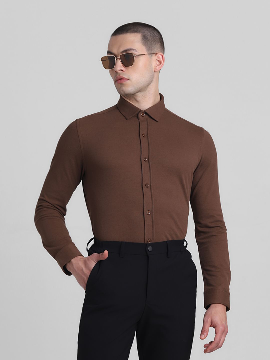 Brown Slim Fit Full Sleeves Shirt - S