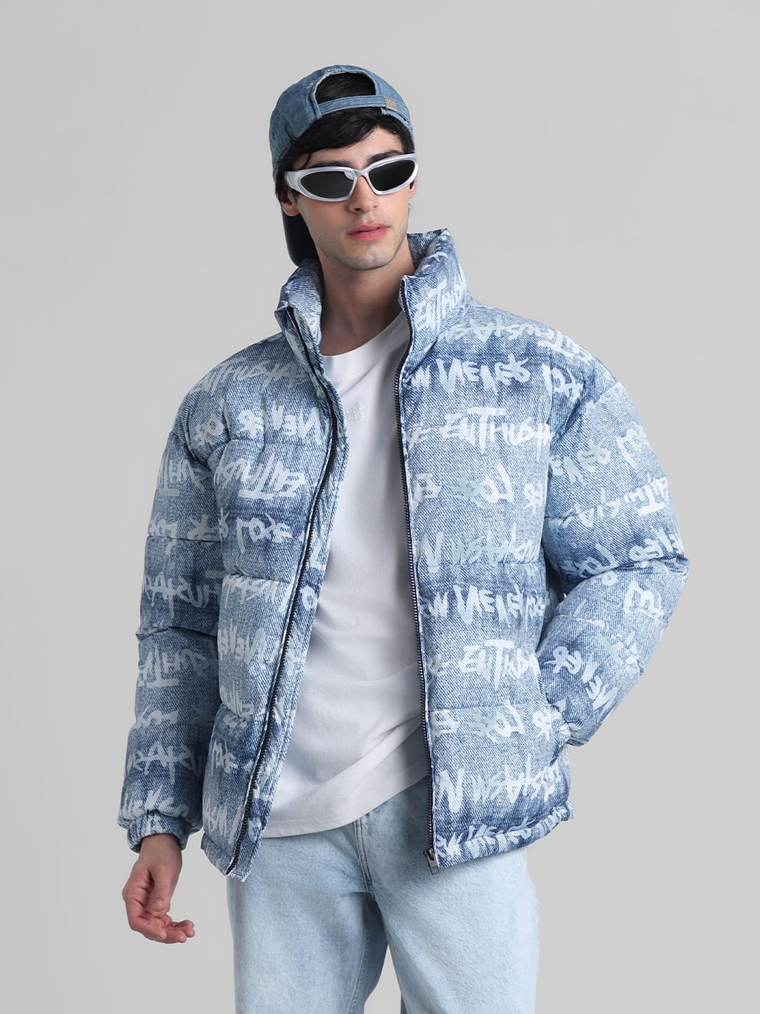 Blue Typographic Print High Neck Puffer Jacket