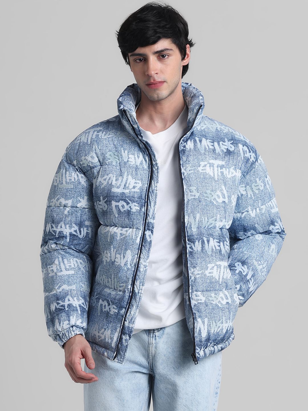 Blue Typographic Print High Neck Puffer Jacket