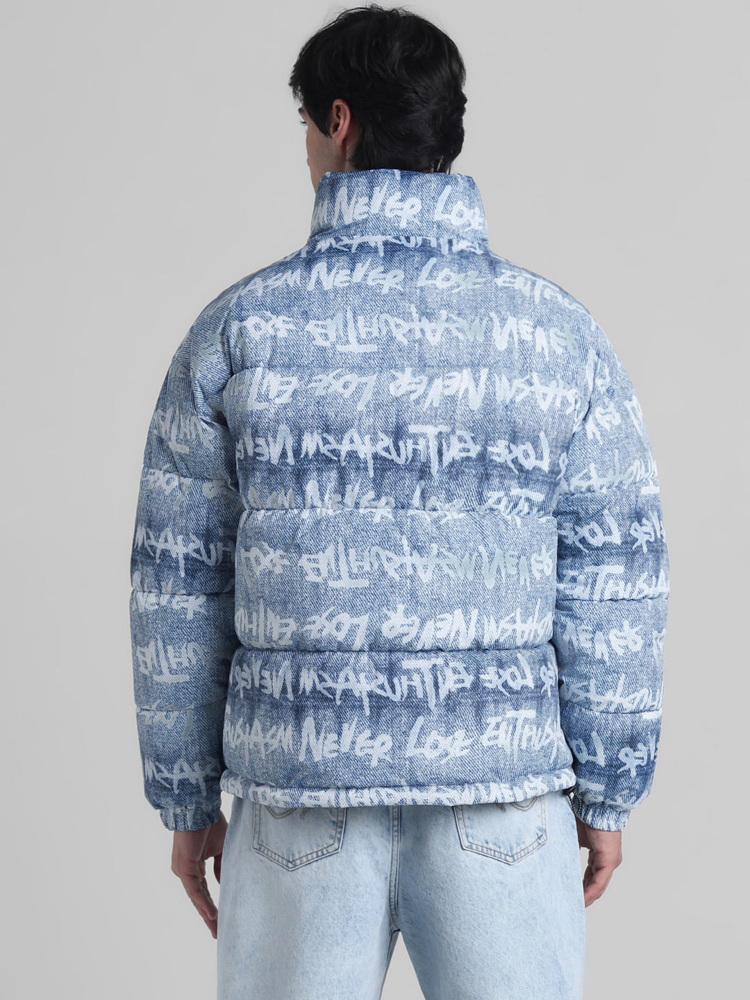 Blue Typographic Print High Neck Puffer Jacket