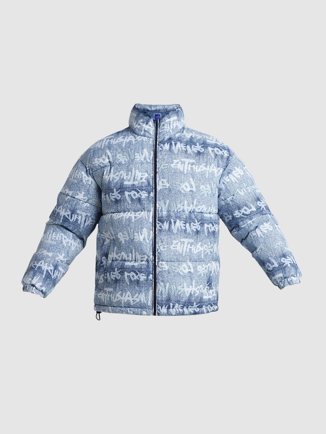 Blue Typographic Print High Neck Puffer Jacket