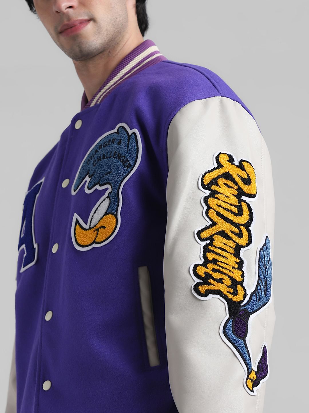 Purple Colourblocked Varsity Bomber Jacket