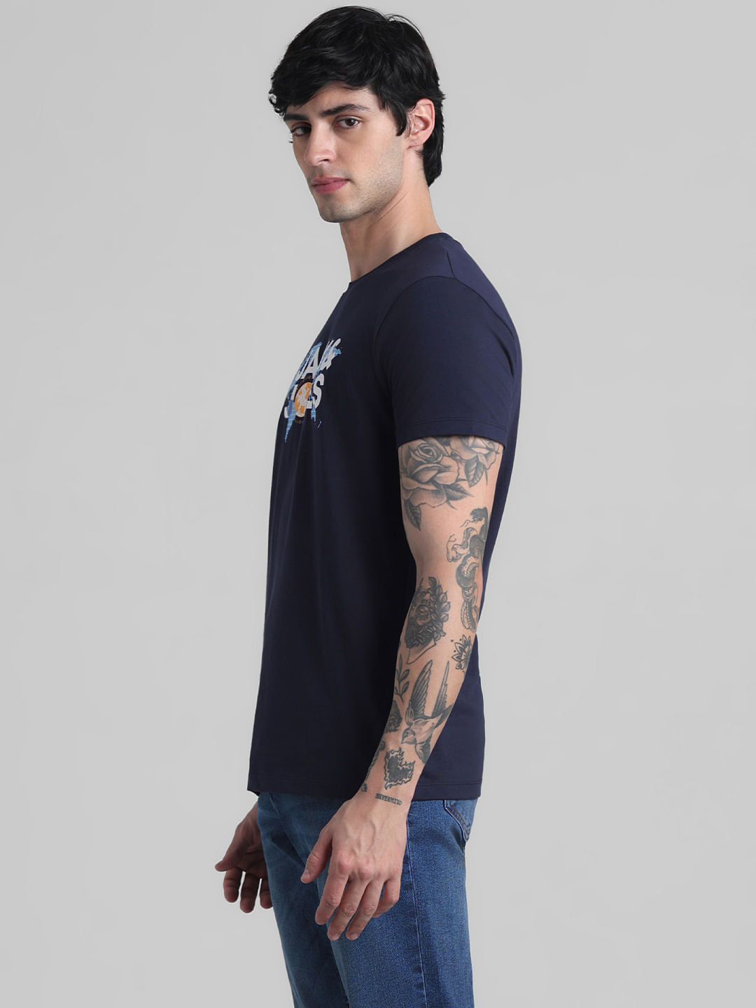 Navy Blue Printed Crew Neck T-shirt