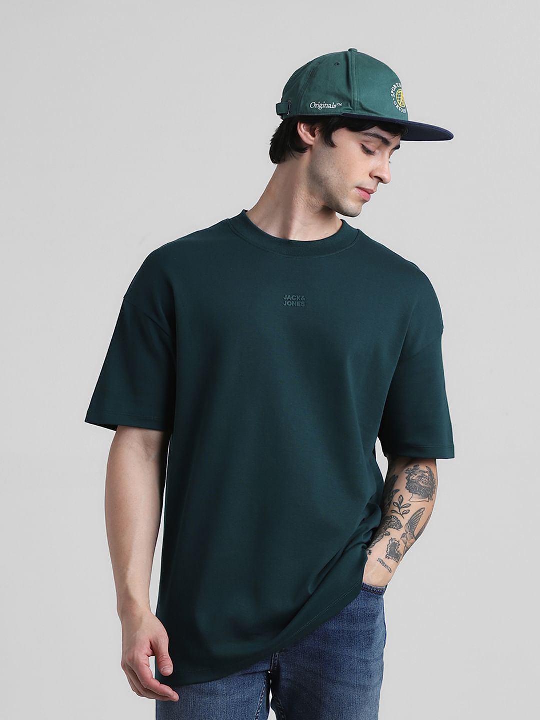 Dark Green Logo Print Oversized Crew Neck T-shirt