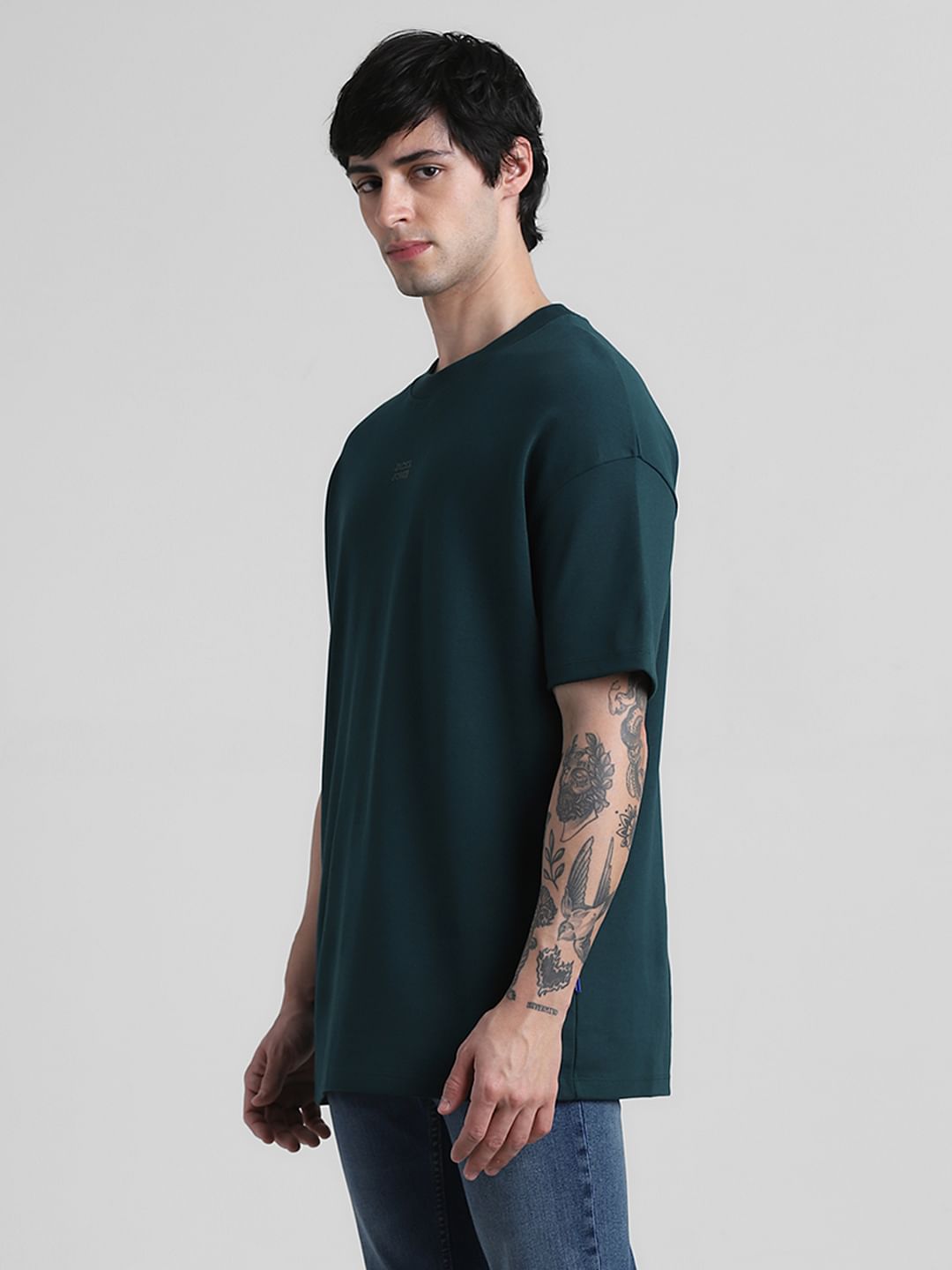 Dark Green Logo Print Oversized Crew Neck T-shirt