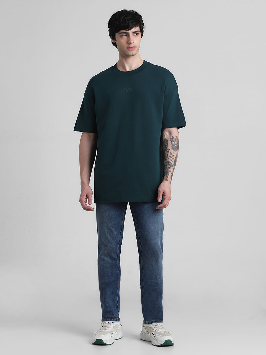 Dark Green Logo Print Oversized Crew Neck T-shirt